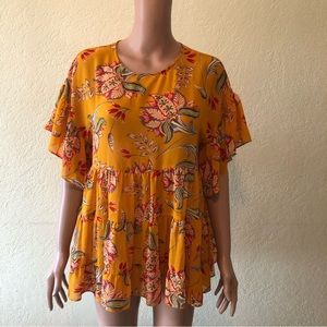 Forever 21 Women’s Size M Yellow Floral Blouse Short Sleeves Fit&Flare Shirt